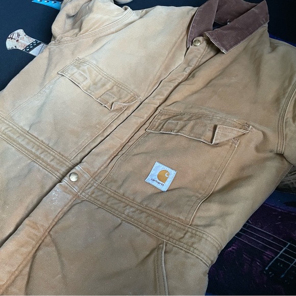 Vintage 80s Carhartt Tan Slightly Distressed Coverals W/Corduroy Collar 46 Short - Picture 4 of 16